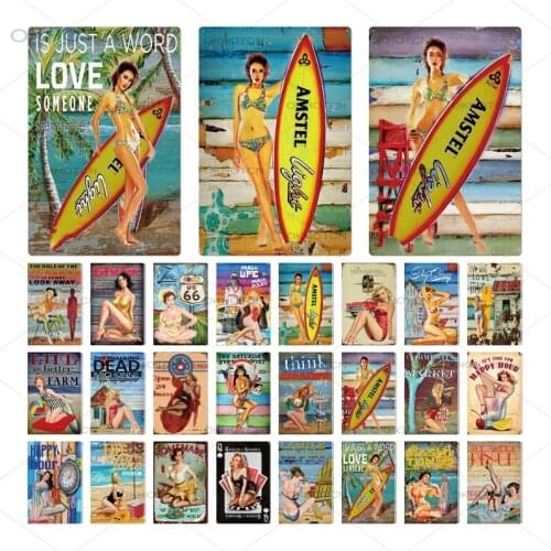 Surfing Girl Metal Tin Sexy Pin Up Girl Posters Print On Metal Vintage Home Decoration Metal Wall Art Plates Pub Bar Metal Sign