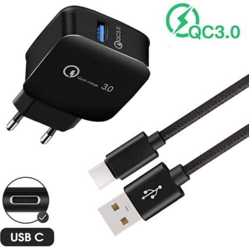 QC3.0 USB Quick charge wall Charger Type C USB data Cable For Samsung S8 Note 8 9 Honor 10 Motorola G9 Play Mobile Phone charger