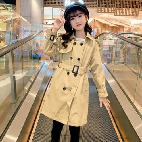 New Arrivals Teen Girls Trench Coat with Sashes Classical Long Khaki Jackets Childrens Double-Breasted England Style Outerwear