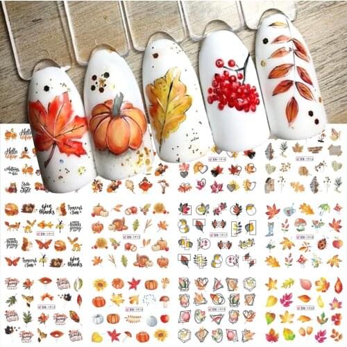 Pumpkin Fall Leaf Water Sliders For Nails Geometric Abstract Line Graffiti Design Autumn Nail Stickers Decal Set LABN1909-BN1920