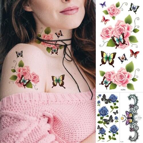 Waterproof Temporary Tattoo Sticker Rose Peony Flower Butterfly 3D Flash Tatoo Woman Arm Ankle Thigh Body Art Fake Tatto Couple