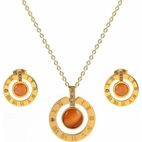 Stainless Steel Jewelry Set for Woman Roman Letter Gold Plating Orange Stone Earrings Pendant Necklace Female Wedding Party Gift