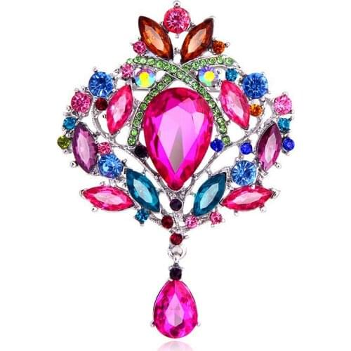 New Fashion Luxury Elegant Rainbow Crystal Crown Brooches Water Drop Rhinestone Alloy Brooch Lady Party Pins Birthday Gifts