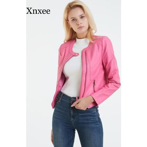 Pink 2020 Autumn Women Moto Faux Leather Jacket Black Pink Double Chains Long Sleeves Jackets Vintage Chic Cool PU leather Coats