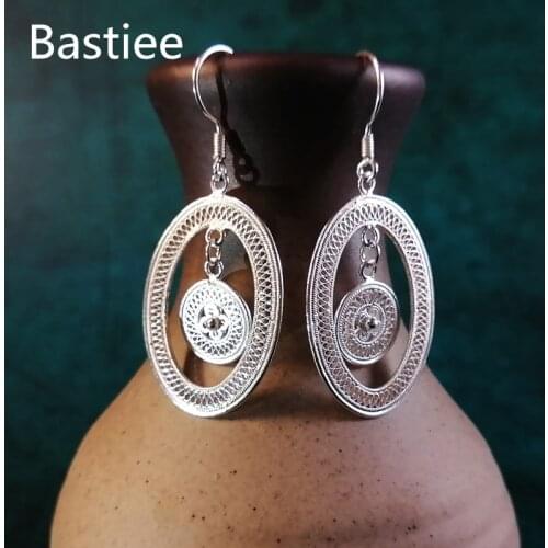 999 Sterling Silver Earrings Drop Oval Bohemian Women Hollow Out Earing Chinese Ethnic Handmade Jewelry Trending Products 2020