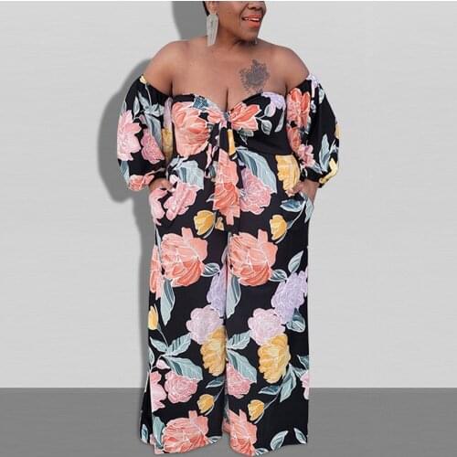 Plus Size Jumpsuits and Rompers for Women 4XL 5XL Large Floral Print Slash Neck High Waisted Elegant Fashion Clothes Jumpsuits