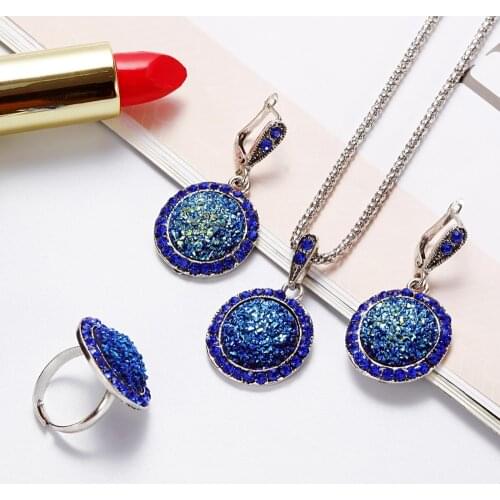 ZOSHI 3pcs Vintage Gem Jewelry Set Women Antique Silver Color Jewelry Set Crystal Round Broken Stone Necklace Earrings Sets
