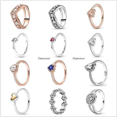 Authentic 925 Sterling Silver Sparkling Blue Elevated Heart With Crystal Ring For Women Wedding Party Europe Fashion Jewelry