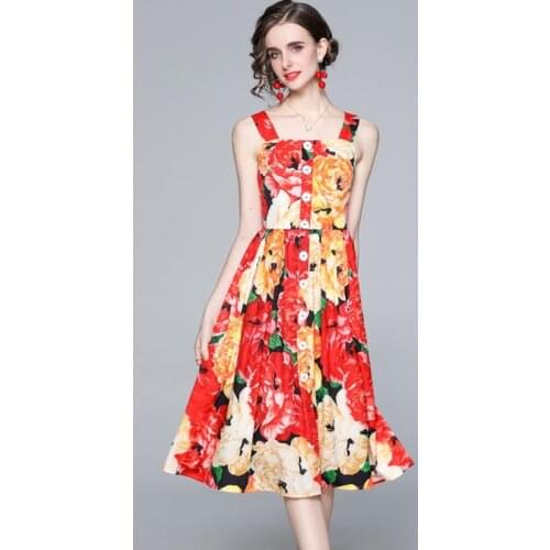 2021 Summer Fashion women single-breasted Button Decorated print Sling casual Dress