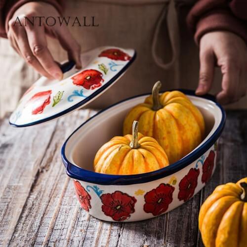 ANTOWALL Ceramic tableware red flower rice dish baking dish for oven household large soup pot binaural boiled fish plate