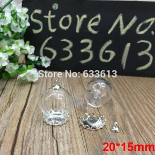 Free Ship 20sets/lot 20mm (15mm opening) Glass globe & setting silver lace base & cap finding glass bottle vials jewelry making