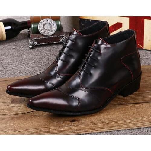 Pointed Toe Casual Lace-Up Leather Boots Wine Red Mens Increase Ankle Boots British FashionTrendy Personality High Heel shoes