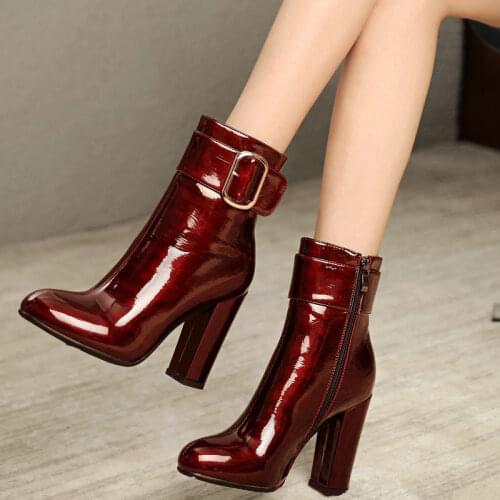 2021 Winter Casual High Quality Patent Leather Sexy Womens Shoes Short Plush Ankle Boots Ladies High Heels Plus Size 35-43