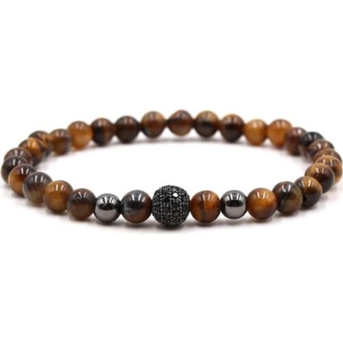 6mm Natural Tiger Eye stone bead Bracelets Pave CZ 8mm metal ball bracelet for Men&Women charm Handmade fashion Jewelry Bijoux