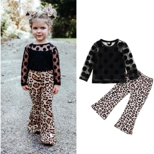 FOCUSNORM 3pcs Fashion Kids Girls Clothes Sets Long Sleeve Polka Dot Mesh Tops+Solid Vest+Leopard Printed Flare Pants 1-6Y