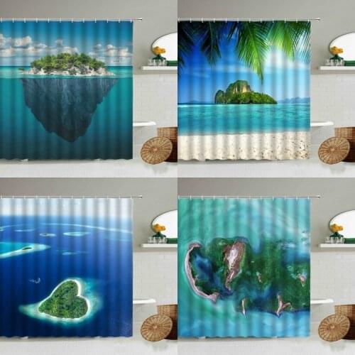 Blue Sea Love Island Shower Curtain Summer Tourism Natural Landscape Mediterranean Style Bathroom With Hook Waterproof Screen