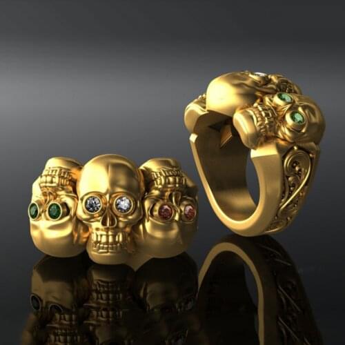 Exquisite Three Skulls Mens Ring Punk Style Mixed Color Eyes Skeleton Wedding Rings for Women Punk Hip-hop Jewelry