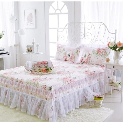 Korean style Floral Printed Bed Skirt Elastic Mattress Cover 100% cotton Bed Skirts Bedspread Double Layers Bedskirt 4 size
