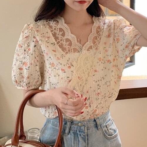 Summer Korean New Fashion V-neck Puff Sleeve Floral Short Sleeve Chiffon Shirt