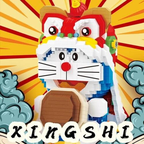 Cute Lion Dance Doraemon Building Blocks Anime Assembled Model Micro Diamond Bricks Toys For Kid Collection