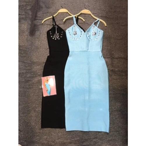 New Party Bodycon Bandage Dress Women 2018 Beading Elastic Pencil Dress Sexy Lady Celebrity Wholesale Knee Length Bandage Dress