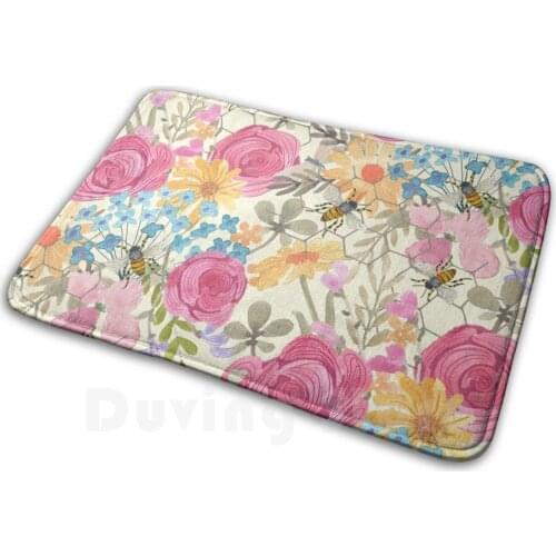 Bee Garden Mat Rug Carpet Anti-Slip Floor Mats Bedroom Bees Floral Flower Pink Yellow Watercolor Jennifer Geldard Garden Bee