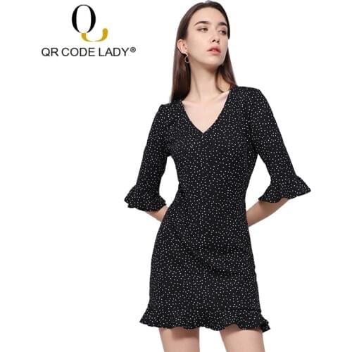 QR NEW Fashion Summer Dress Women 2019 Sexy Elegant V Neck Mini Party Dress Female Casual Slim Ruffled Sleeves Dot Print Dresses
