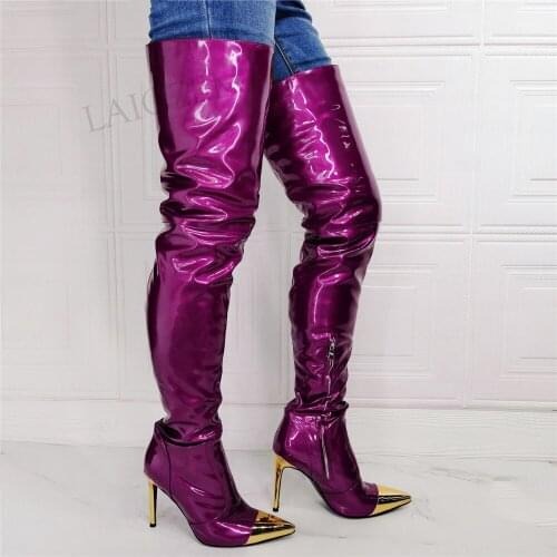 DOHBANER Metallic Women Over Knee Boots Shiny Slim High Heels Boots Thigh High Ladies 2021 Shoes Woman Big Size 42 43 45 47