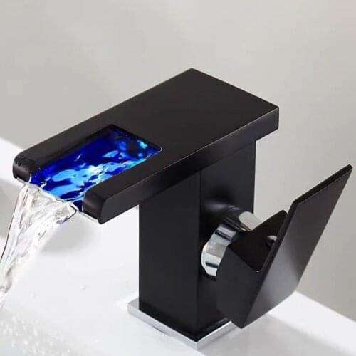 A9LB LED Light Bathroom Sink Faucet, 3 Colors Changing Waterfall Spout, Single Handle Single Hole Cold and Hot Water Mixer