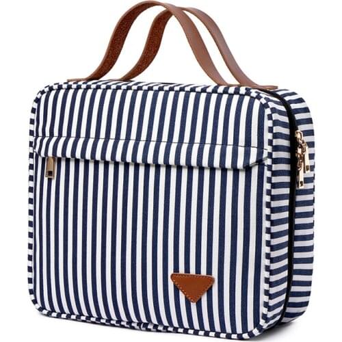 Women Large Capacity Striped Canvas Cosmetic Storage Bag Multi-compartment Portable Female Make Up Hanging Travel Handbag 2021