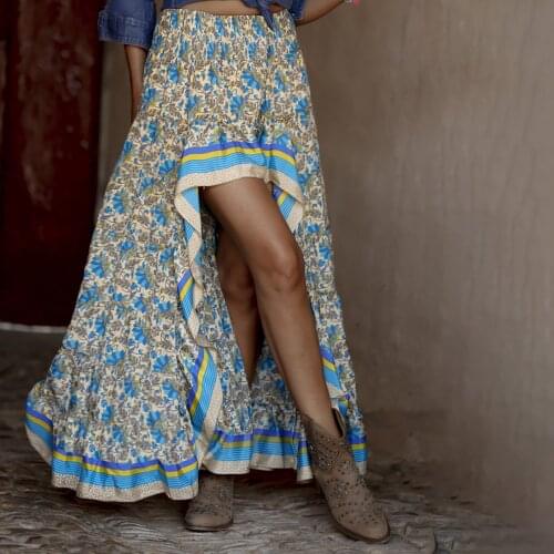 Women Boho Floral Print Skirt High Low Side Split Ruffle Hem Swing Maxi Skirt Summer Holiday Beach Irregular Faldas Мини юбки