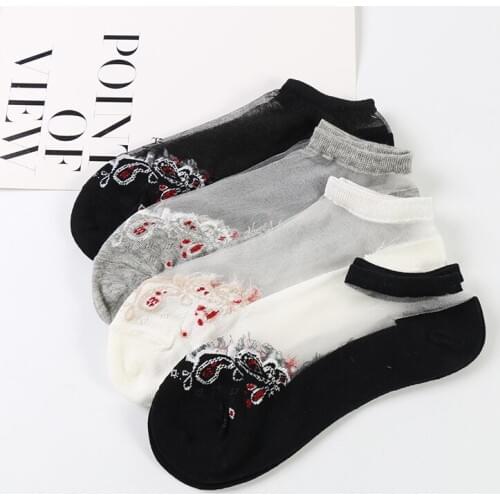 DONG AI 4 pairs transparent fashion glass silk rich flower cotton bottom female boat socks girl