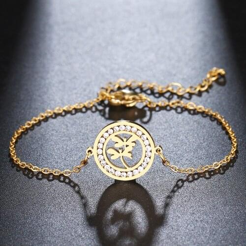 CACANA 316L Stainless Steel For Women Crystal Bracelet Twin Dragonflies Round Bracelets Gold Color Engagement Gift Jewelry New