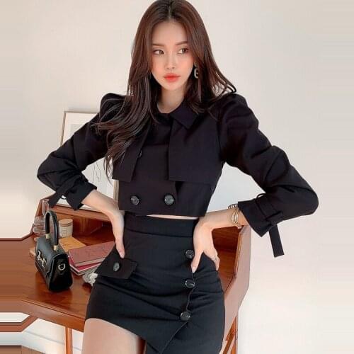 High Quality Fall Temperament Black Suit Sets Double-breasted Blazer Short Coat+Slim Irregular Mini Skirts Two-piece Set Female