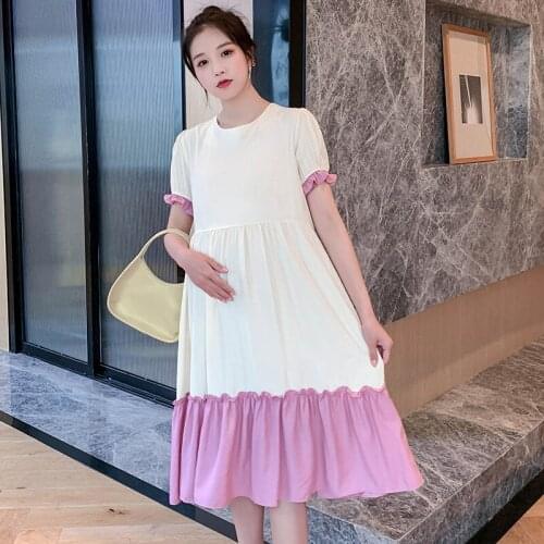 065# Maternity Dress Summer Short Sleeves O Neck Patchwork Loose Stylish Dress Pregnant Women Mom Dress