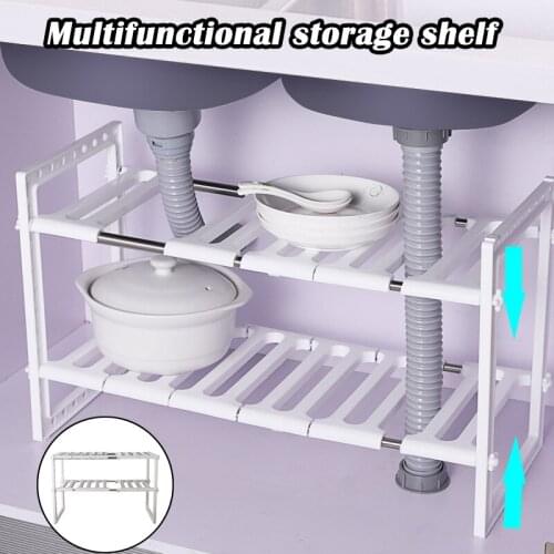 1Pc Retractable Kitchen Storage Shelf Adjustable Double Layer Tableware Display Organizer Multifunction Home Desktop Floor Rack