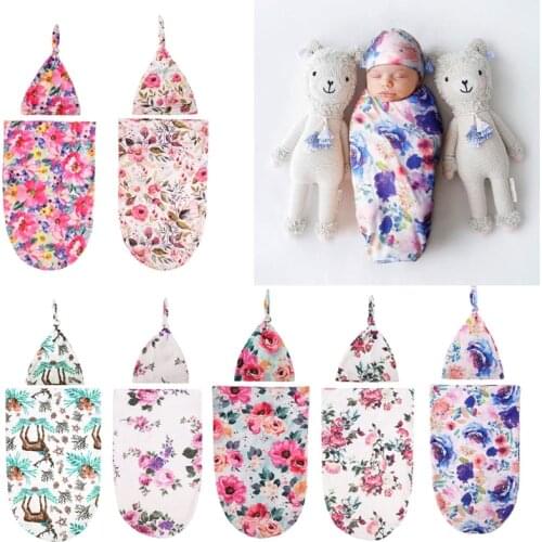 2Pcs/set Cute Muslin Baby Blanket Hat Set Comfortable Flower Print Newborn Sleeping Bag Swaddle Wrap Baby Photography Props