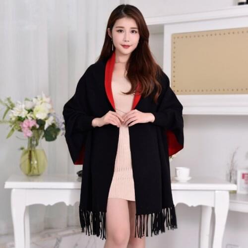 2021 Women Black Ponchos Wearable Shawls and Wraps for Ladies Winter Scarf Capes Thick Pashmina Reversible Poncho Shawl Winter