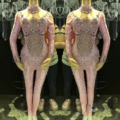 Sparkly Crystals Pearls pink Jumpsuit Womens sexy Pink Leggings Bodysuit Bar singer stage dance wear Costume