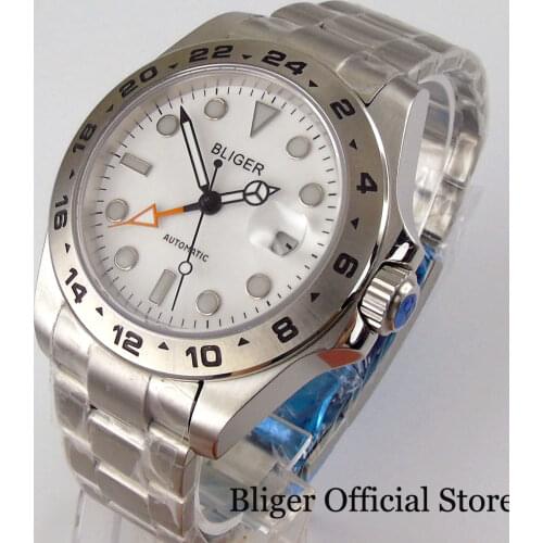 BLIGER New Steel Case Men Watch GMT Automatic Mingzhu3804 Oyster Bracelet Sapphire Crystal Folding Clasp