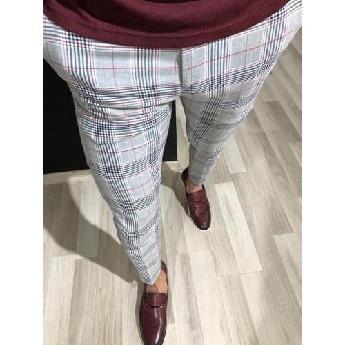 New Men Vintage Plaid Suit Pants Formal Dress Business Casual Slim Fit Pants Wedding Party Formal Classic Check Suit Trousers