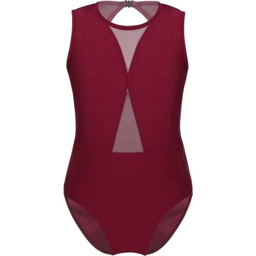 Kids Girls Ballet Dance Costume Dancewear Exercise Gymnastics Bodysuit Sleeveless Mesh Keyhole Back Performance Leotard Jumpsuit