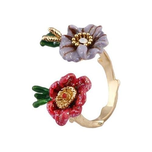 European and American temperament hand-painted enamel glaze flower open ring personality fashion adjustable new niche ring