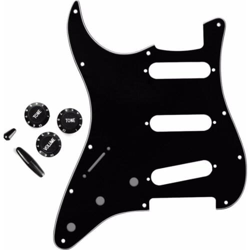 FLEOR Set of 11 Hole Left-Handed ST Pickguard SSS Guitar Scratch Plate & 2T1V Guitar Knobs Switch Whammy Bar Tips