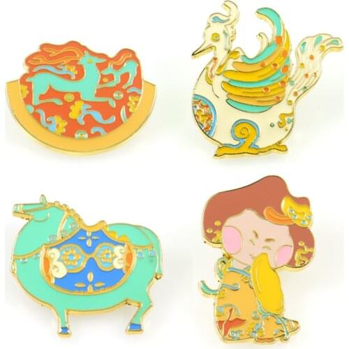 HOSENG Ancient Chinese Creative Culture Cartoon Brooch Tang Dynasty Retro Enamel Pin Gold Color Women Man Party Gift HS_4359