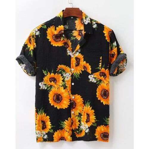 Summer Mens Shirt Top Casual Short Sleeve Hawaiian Shirts Turn Down Collar Sun flower Print Shirt Men Dress Male Clothing Tops