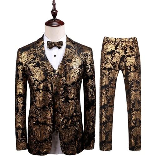 Fashion Mens Suit Local Tyrant Golden Dragon Robe 3 Pieces Suit Wedding Bridegroom Master of Ceremonies Stage Performance Dress