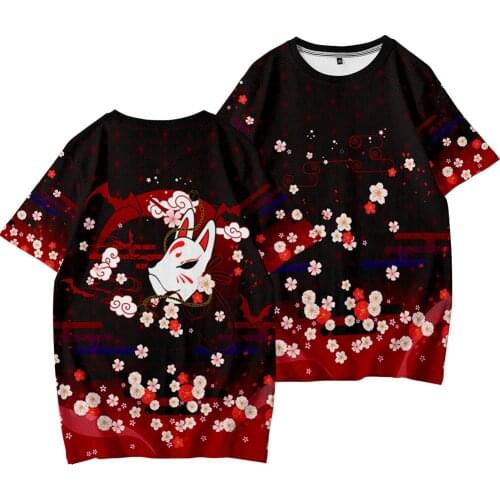Mens Short-Sleeved Round Neck Top Loose Casual Black Floral Fox Mask Print T-shirt Casual Streetwear T Shirt