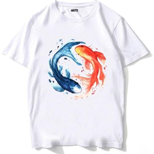 New Summer Fashion Men T-Shirt Fire and Ice Koi Watercolour Print T-Shirt Boy Casual Tops Funny Yin Yang Balance Art White Tees