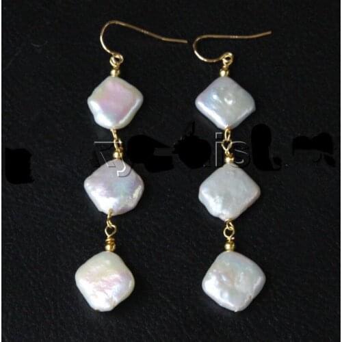 Genuine Dangle Baroque 10mm rhombus white pearls Tibetan silver earrings